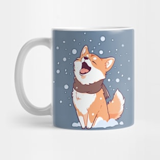 A shiba dog trying to eat the falling snowflakes Mug